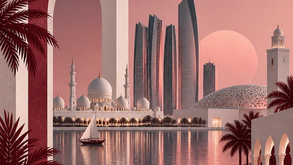 Illustration: the Abu Dhabi waterfront at sunset — mosque domes and the Etihad Towers