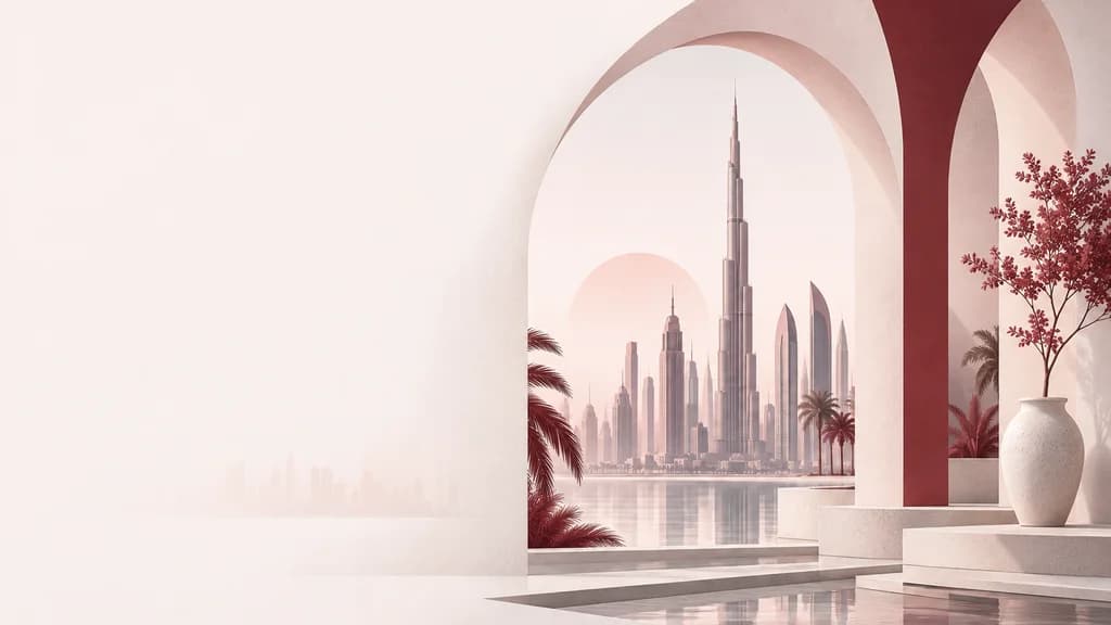 Illustration: the Dubai skyline with the Burj Khalifa framed by a pale arch