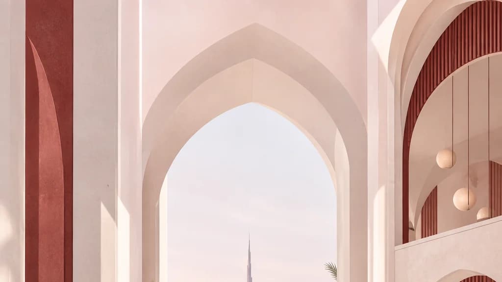 Illustration: pointed arches in close-up, the Burj Khalifa spire faint beyond the opening