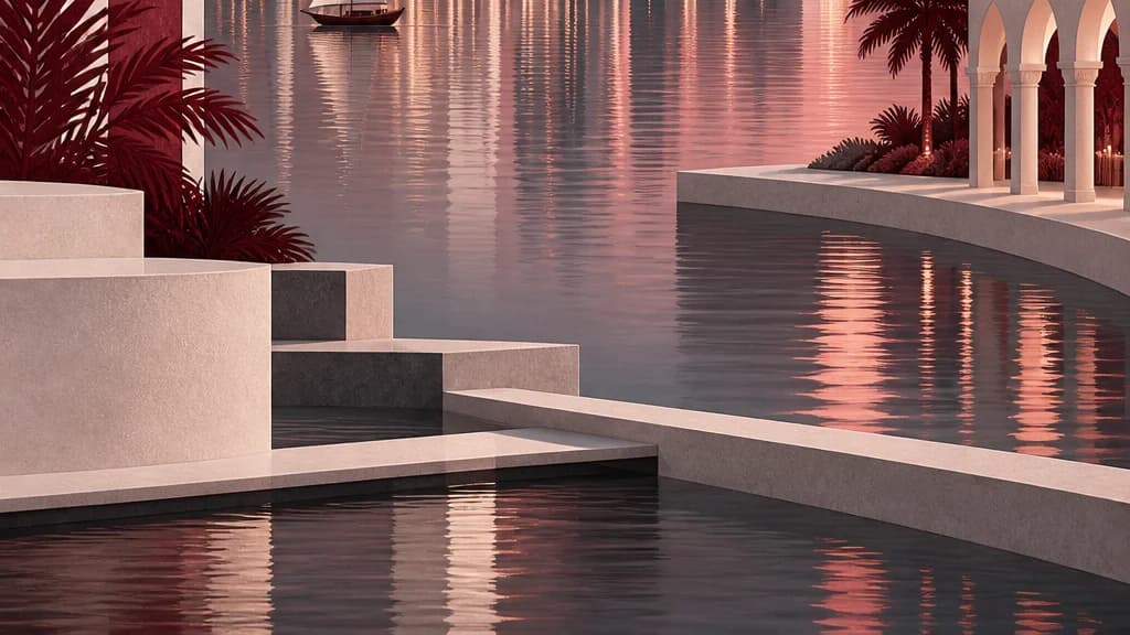 Illustration: stone steps running down to the bay at sunset, with a dhow in the distance